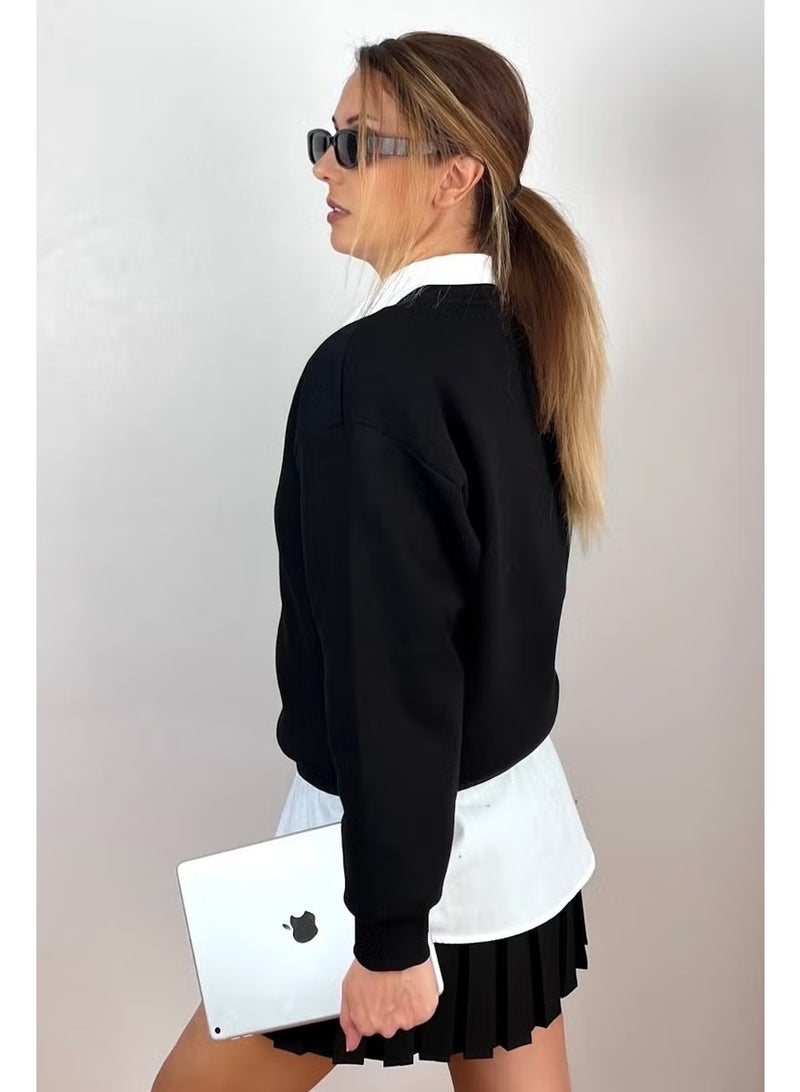 Ritnice Women's Cozy Black Basic Crew Neck Cotton Thick Knitted Sweatshirt with Fleece Inside - Image 1